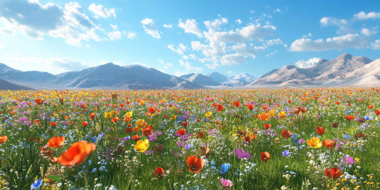 Colorful wildflower field in a mountainous landscape during a bright sunny day with scattered clouds